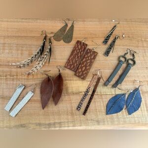 Lot of 9 Pairs of Leather, Copper & Feather Earrings